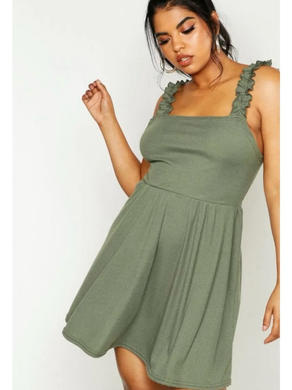 Pink Rose Sage Green Ribbed Square-Neck Ruffle Strap Mini Dress Size Medium